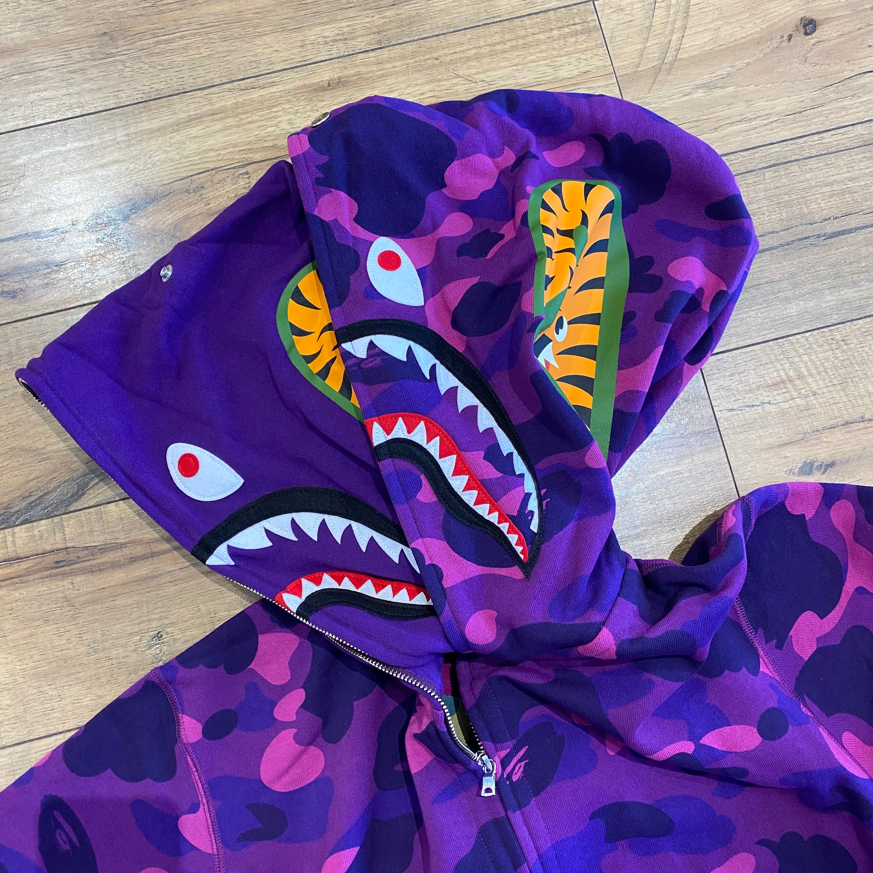 BAPE Color Camo Shark Wide Full Zip Double Hoodie Purple – Superbored ...