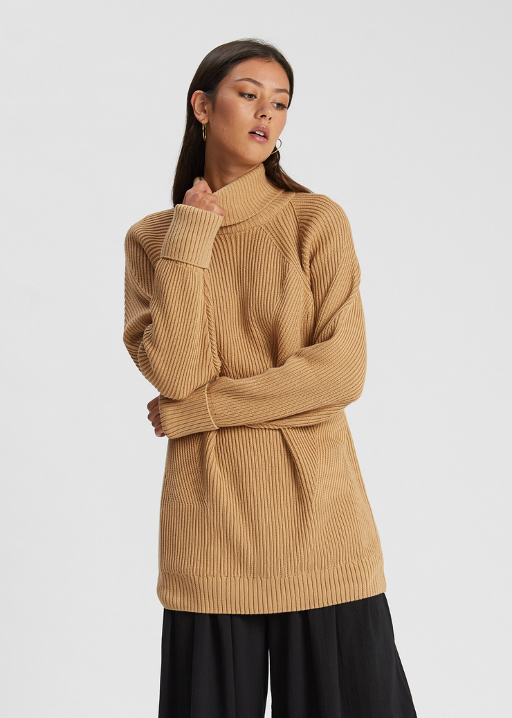 roll neck camel jumper