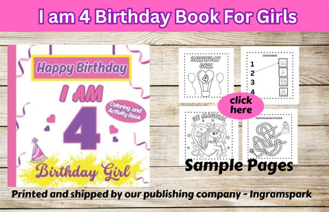 I am 4 Happy Birthday Activity/Coloring book for girls, birthday gifts for girls 4, gift for 4 year old girl, girls birthday coloring books,