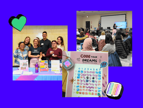 In the photo on the left, Brianne and her team of 5 stand behind a Code Your Dreams table with brightly colored pamphlets. On the right, Brianne teaches Python coding to a room full of high school students. Another image showing a printable matrix with a student's smiley face design colored in pixels is shown.