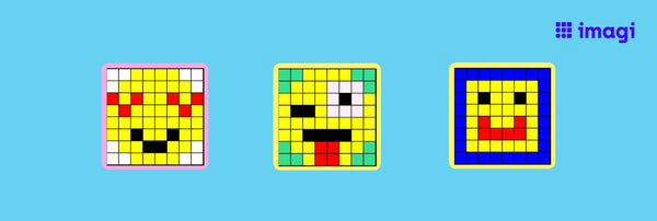3 colorful pixel art emojis are shown against a blue background