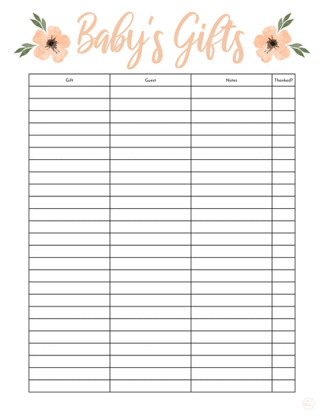 printable baby shower gift trackers