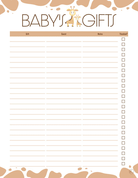 printable baby shower gift trackers