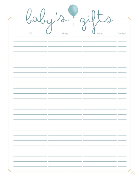 printable baby shower gift trackers