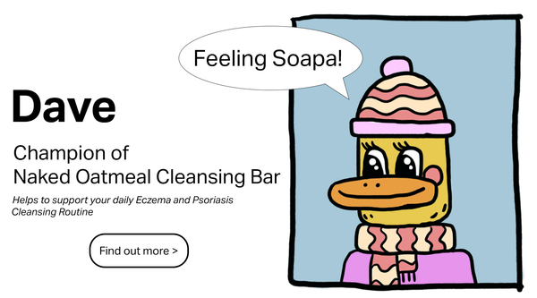 SoapOman Dave the Duck Champion of Naked Oatmeal a Cleansing Bar that helps to support your daily Psoriasis or Eczema cleansing routine.