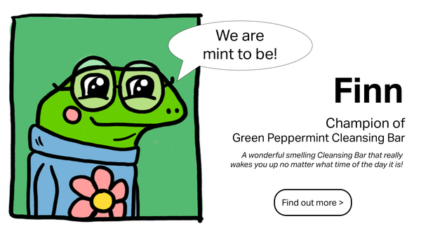 SoapOman and the Grime Fighters Finn the Frog champion of the Green Peppermint Cleansing Bar, a wonderfully refreshing smell that helps to wake you up no matter what time of day it is.