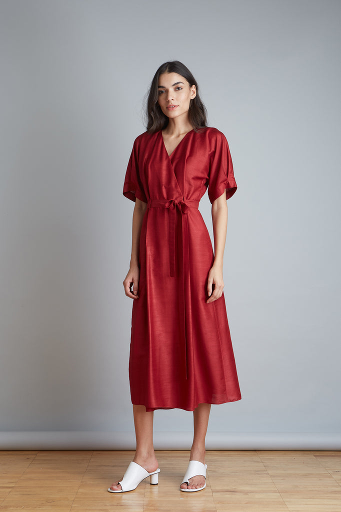 Belted Wrap Cotton Silk Dress For Women – ANOMALY