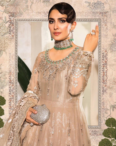 Maria B Eid Mbroidered Pakistani Designer Wedding Collection 2022 Sale. Buy Maria B anarkali gold and silver dress from Lebaas 