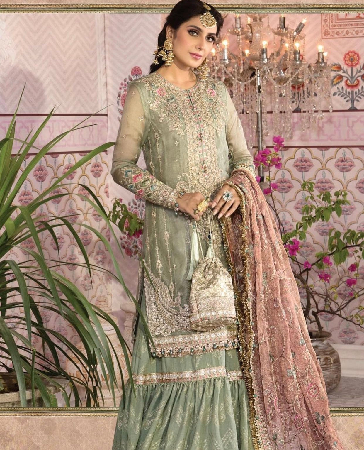 Maria B Chiffon Mbroidered Collection 2021 Pistachio & Salmon Pink BD-2205 Sharara suit