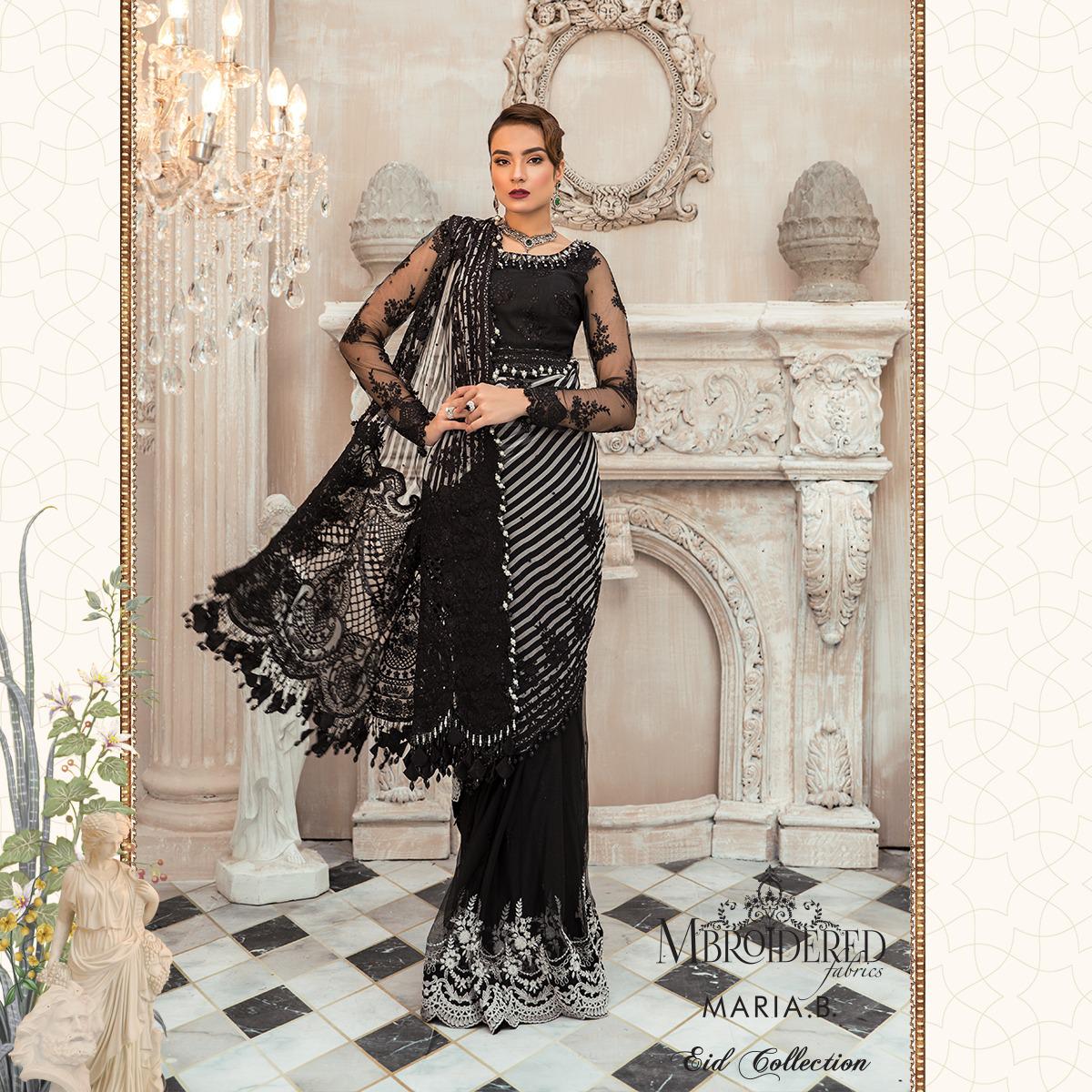 Maria B Eid Chiffon Mbroidered 2020 Black Designer  Saree 