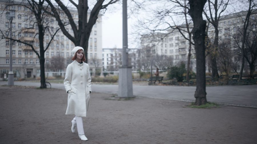 The Queen’s Gambit Beth in white coat