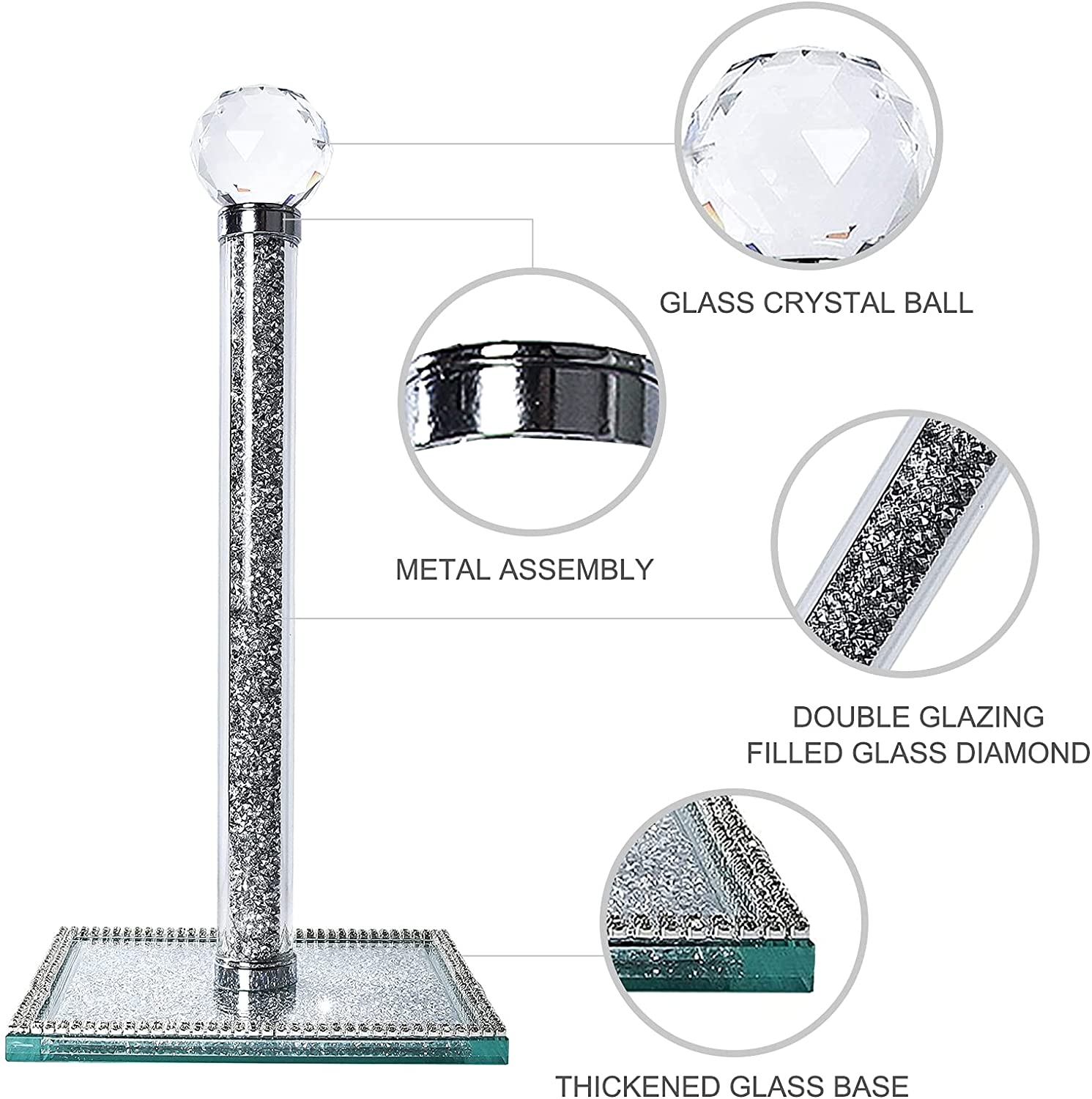 Hochance Clear Crystal Standing Paper Towel Roll Holder Countertop Weighted  Rack,Glam Cute Bling Rhinestone Jeweled Diamonds Modern Decoration