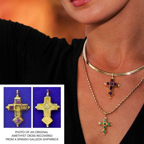 This museum quality re-creation piece was made to resemble a cross recovered by Jack Haskins in 1989 while sub-contracting with Mel Fisher Center, Inc. The shipwreck which some researchers believe to be the Nuestra Señora de la Regla (nicknamed the Cabin Wreck) was part of the 1715 Spanish Treasure Fleet.