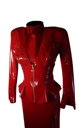 Custom Vex latex red jacket and skirt with rhinestones