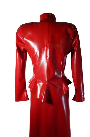 Custom Vex latex red jacket and skirt with rhinestones