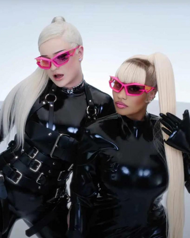 Nicki Minaj wears two full custom Vex looks for the "Alone" music video with Kim Petras