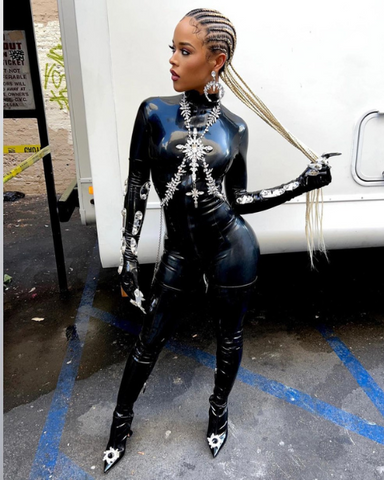 Serayah wearing a Vex Simple Catsuit for her appearance in Diddy's latest Music video for Gotta Move On