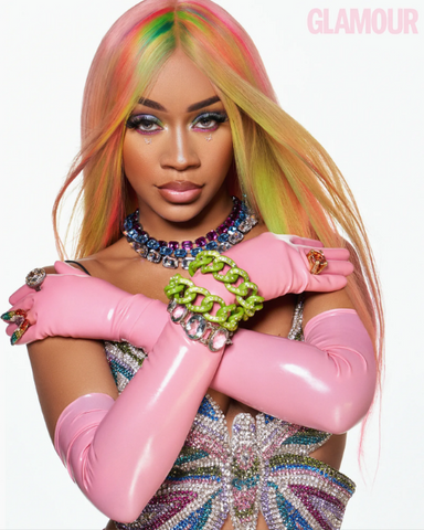 Saweetie, wearing Vex Opera Gloves for Glamour UK