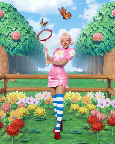 Doja Cat wearing a custom Vex Latex Costume for Halloween as the Animal Crossing character, Pink Villager.
