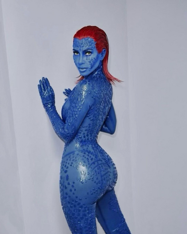 Kim Kardashian in custom VEX Mystique costume for Halloween.