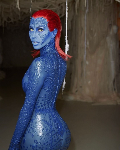 Kim Kardashian in custom VEX Mystique costume for Halloween.