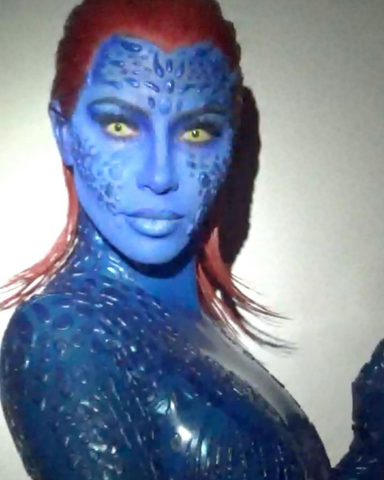 Kim Kardashian in custom VEX Mystique costume for Halloween.