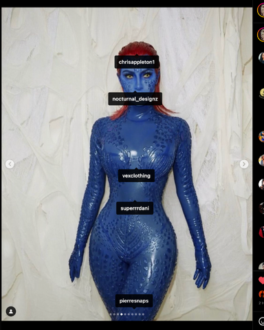 Kim Kardashian in custom VEX Mystique costume for Halloween.