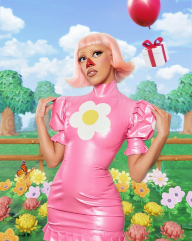 Doja Cat wearing a custom Vex Latex Costume for Halloween as the Animal Crossing character, Pink Villager.