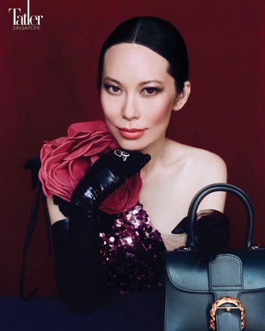 Netflix's "Bling Empire" reality star, Christine Chiu, wearing Vex Marilyn Knickers, Wristlet Gloves, and Opera Gloves in the June release of Tatler Asia.