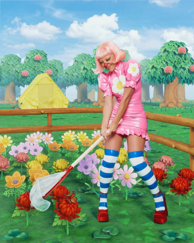 Doja Cat wearing a custom Vex Latex Costume for Halloween as the Animal Crossing character, Pink Villager.