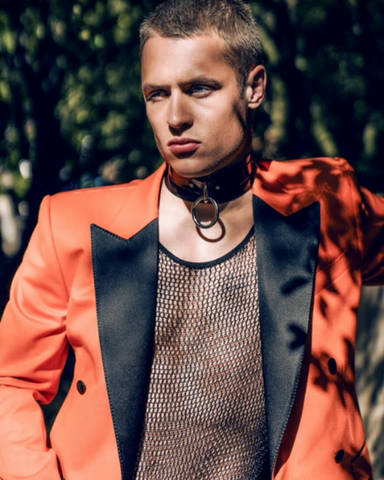 Hunter Warr wearing Vex Moto Gloves and custom top in Transparent Red Water Marble Print from Vol 22 for Perfect Man Magazine