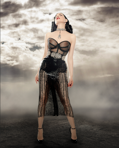 Dita Von Teese wearing Vex's custom Python Hourglass skirt for her cover story for Photobook Magazine.