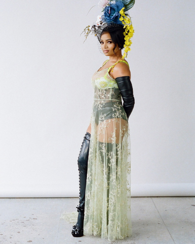 Actress, Kyla Pratt, wearing Vex Latex Clip Stockings for her feature in TMRW Magazine. 