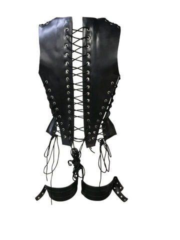 Laced back bondage corset in black latex