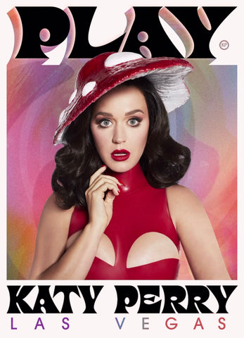 Katy Perry wearing a red latex sleeveless Vex bodysuit and red mushroom hat promoting her Las Vegas residency 