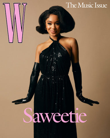 Recording artist Saweetie wearing a long black gown and Vex black latex opera gloves posing on the cover of W Magazine