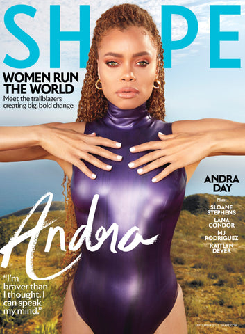 Woman wearing Vex's purple sleeveless bodysuit on the cover of Shape Magazine