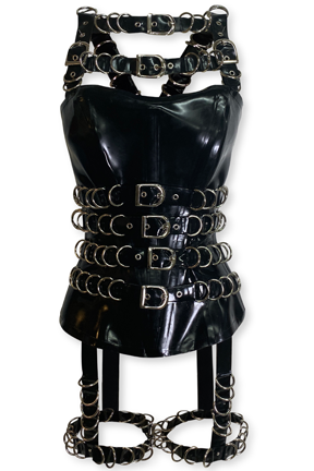 Bondage D-ring and buckle black corset with leg straps