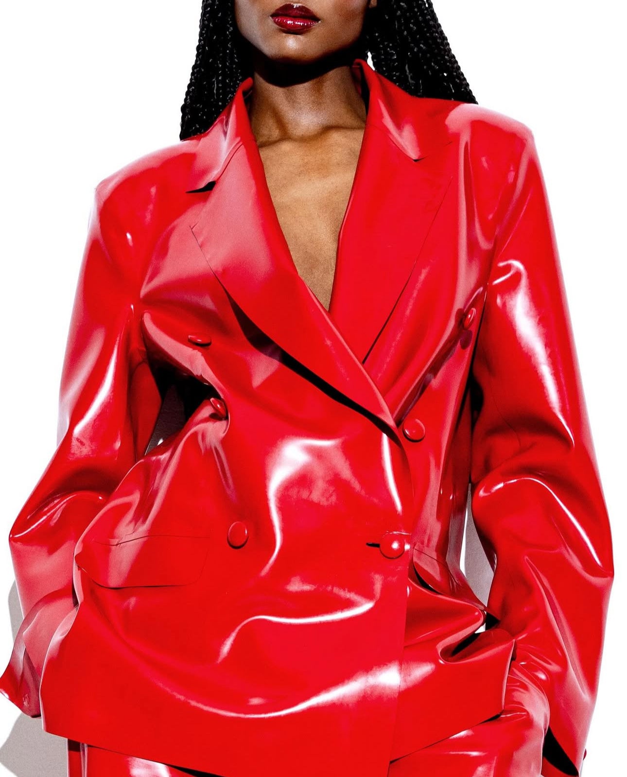 Christian Cowan Red latex suit by vex close up image of details