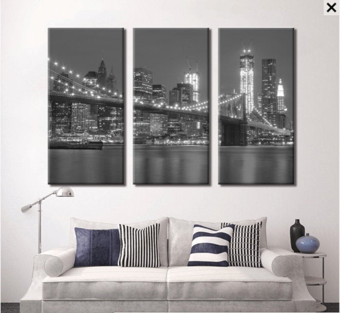 New York City B&W Panoramic Canvas Wall Art Print Ready To Hang NYC La ...