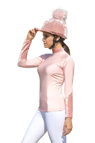 baby pink faux fur riding hat silk and matching baselayer