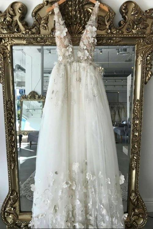 A line 3D Flowers Deep V Neck Ivory Straps Wedding Dresses Simple Boho ...