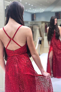 Sparkly A-Line V-Neck Long Prom, Evening Dress With Split YZ211063