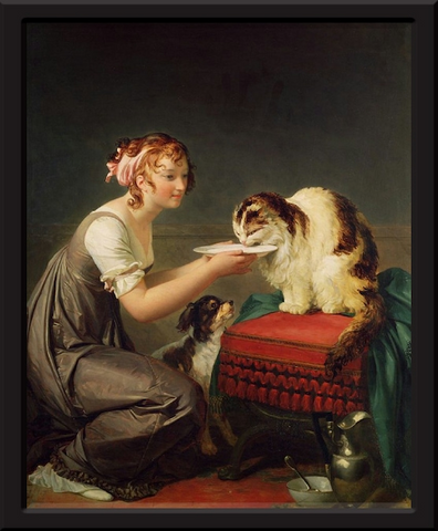 Painting of a woman feeding her cat