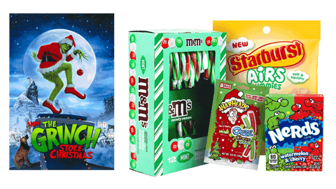 The Grinch Movie - M&M’s Candy Canes - Warheads Ooze Chews - Nerds - Starburst Airs Gummies - The Grinch - Christmas Candy - Christmas Treats