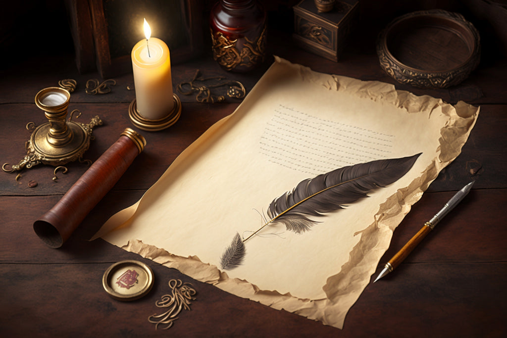 Quill pen and inkwell on old parchment paper. Vintage style.