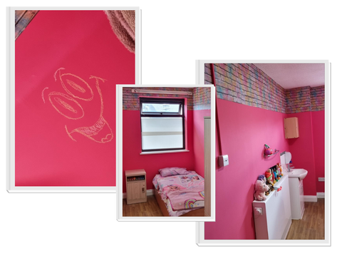 3 Pictures of a bedroom painted with bright pink blackboard paint