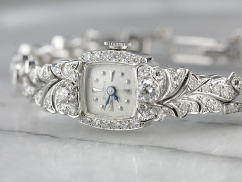 Vintage Diamond Platinum Bullova Damen Handgelenk Uhr