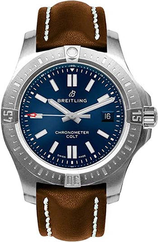 Breitling Chronomat Colt Automatic 44 Blue Dial Men's reloj Sobre la correa de cuero marrón A17388101C1X2