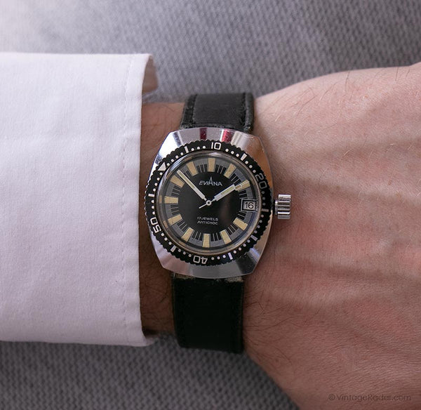 Vintage Eviana Mechanical Diver Watch | Black Dial Men's Wristwatch ...